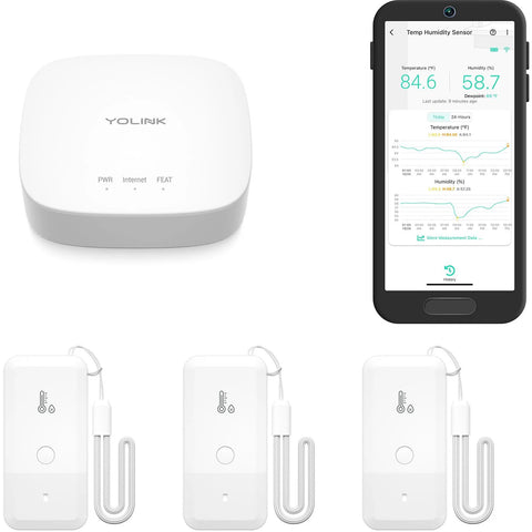 YoLink smart wireless thermometer hygrometer hub with three white sensor units; app alerts for temp/humidity