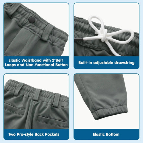 Youth Knicker Baseball Pants For Kids And Toddlers Boys And Girls Dark Grey Knee Length Practice Pants With Belt Loops And Elastic Hem