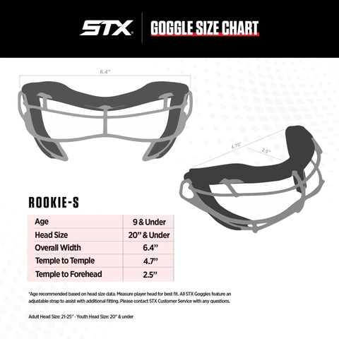 Rookie S Youth Lacrosse Goggle size chart for girls SEI certified ages 9 and under showing dimensions and fit details