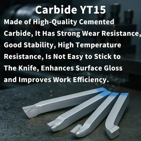 Close-up of four carbide YT15 lathe tools with descriptions for the Ten Piece Brazed Carbide Lathe Tool Set With YT15 Tips For Metalworking.