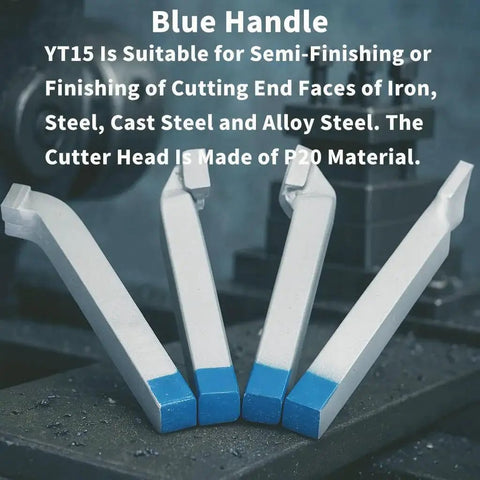 Ten Piece Brazed Carbide Lathe Tool Set With YT15 Tips showing blue-handled tools on a metal surface for metalworking.