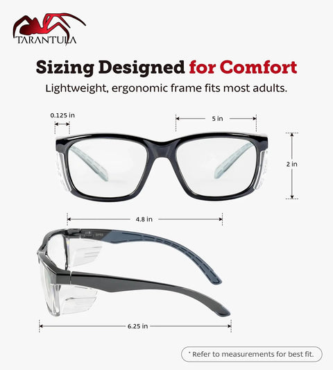 Z87.1 Safety Glasses Anti Fog Blue Light Blocking With Removable Side Shields shown with dimensions and ergonomic design.