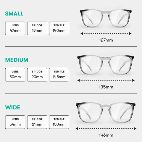 Three sizes of Z87.1 Certified Safety Glasses With Blue Light Blocking And Anti Fog Coating labeled small, medium, and wide