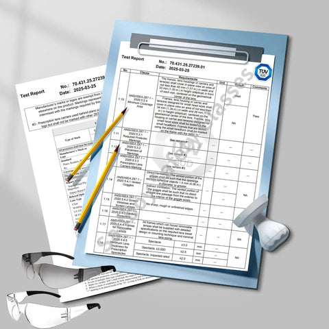 Clear Z87.1 Certified Safety Glasses For Work Lab Scratch Resistant 30 Pcs shown with quality test reports and pencils.