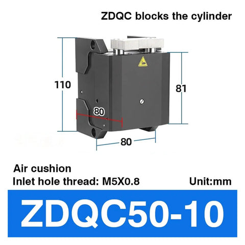 Pipe Blocking Cylinder ZDQC32-10 With Buffer Two Speed Chain Pneumatic ZHQ-20 Limiter And Stopper ZDQC50-10 corner view showing dimensions.