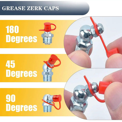 All In One Grease Fittings Kit With 405 Pcs SAE And Metric Zerk Fittings Including NPT One Quarter Inch And One Eighth Inch M6 M8 M10 Straight 45 90 Degree Angles Caps And Wrench Galvanized Steel For Long Lasting Rust Resistance And Smooth Grease Gun Fit showing different angles of zerk fittings with red caps