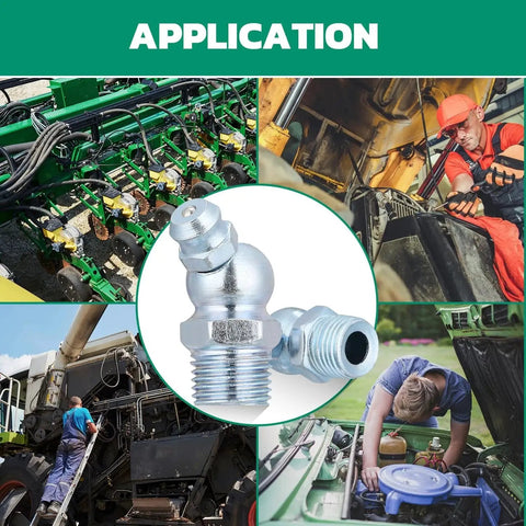 Pro Grade 50 Piece One Eighth Inch Twenty Seven Thread Zerk Grease Fittings Kit in use on heavy machinery for maintenance
