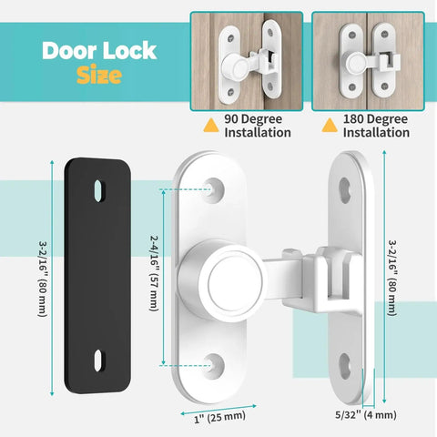 90 To 180 Degree Barn Door Lock Kit Made From Zinc Alloy Flip Gate Latches Hardware showing dimensions and installation options