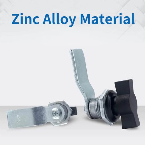Two thumb operated offset cam locks with black handles in zinc alloy, showing front and side views.