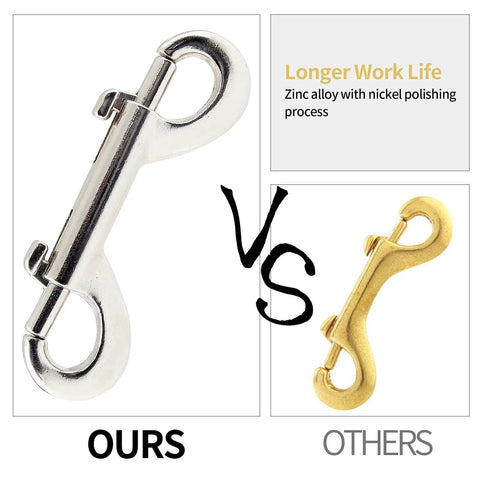 Comparison of 24 Pcs 4.7 Inch Double Ended Bolt Snap Hooks Zinc Alloy Chain Clips with gold alternative highlighting durability.