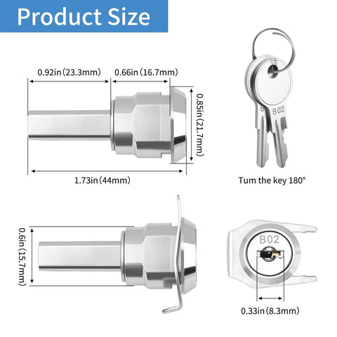 Upgrade your toolbox security with a heavy-duty zinc alloy cam lock featuring 180° rotation for easy access, product dimensions and keys shown.