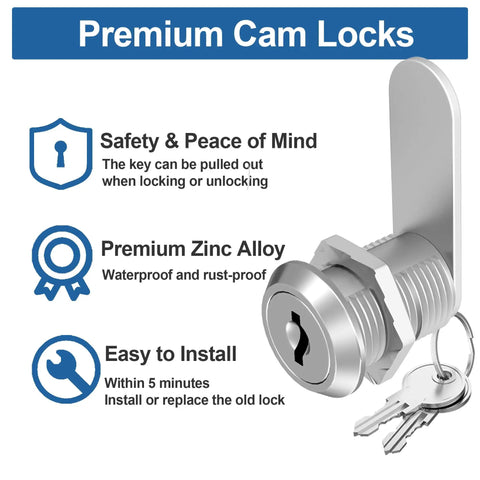 Three Pack Cabinet Locks With Keys One And One Eighth Inch Cam Locks Alike For Cabinets Drawers Doors RV Storage And Mailbox Zinc Alloy Security Lock Set For Tool Boxes And Storage Units displayed with features