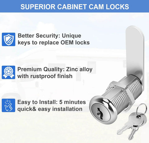 Cabinet Cam Locks Keyed Alike Set For RV Storage And Tool Boxes, zinc alloy, with keys shown, highlights security features.