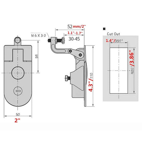 Technical diagram of two-piece zinc alloy compression latches with adjustable grip for 29-45 mm door thickness, silver finish.