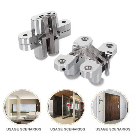 Stealth Hidden Concealed Cross Hinges Set Two Pack Two Point Seven Six Inch 180 Degree Folding Zinc Alloy Hinges for Cabinets