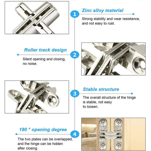 Details of Stealth Hidden Concealed Cross Hinges Set Two Pack Two Point Seven Six Inch 180 Degree Folding Zinc Alloy Hinges.