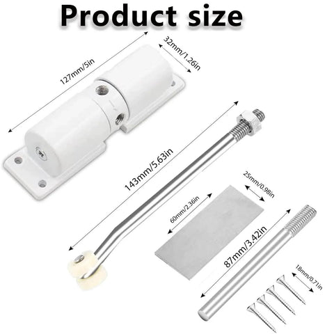 Automatic Door Closer, Zinc Alloy Safety Spring Door Closer Adjustable 30 kg Closing Door Hinge (White) with dimensions and components shown