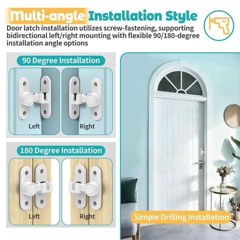 90 To 180 Degree Barn Door Lock Kit Made From Zinc Alloy Flip Gate Latches Hardware shown in multiple installation styles.