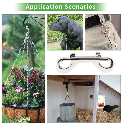 Six Pack 2.7 Inch Double Ended Bolt Snap Hooks Zinc Alloy Chain Clips for various uses including plant hanging, dog leashes, key chains, and pet feed buckets.
