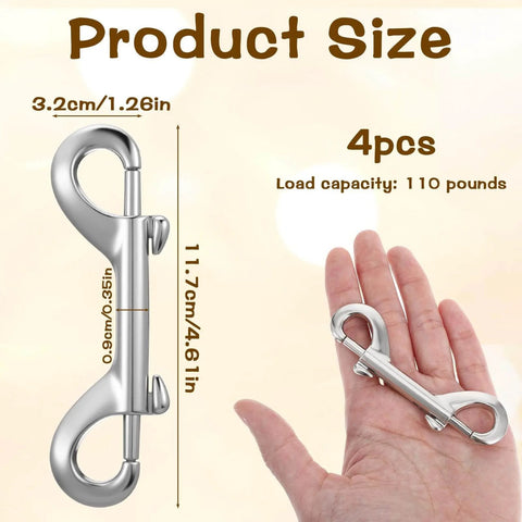 4 Pack Double Sided Clips Three And A Half Inch Double Ended Snap Hooks Zinc Alloy Outdoor Quick Release For Pet Dog Leash Water Buckets Keys Holder Linking Collars Farm Hardware Heavy Duty Hardware For Home Farm Use with hand for scale