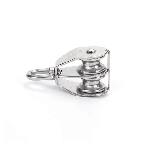 Metal Sheave Zinc Alloy Fixed Pulley Crown Block and Tackle Lifting Wheel Mini Double Pulley for DIY, side view.