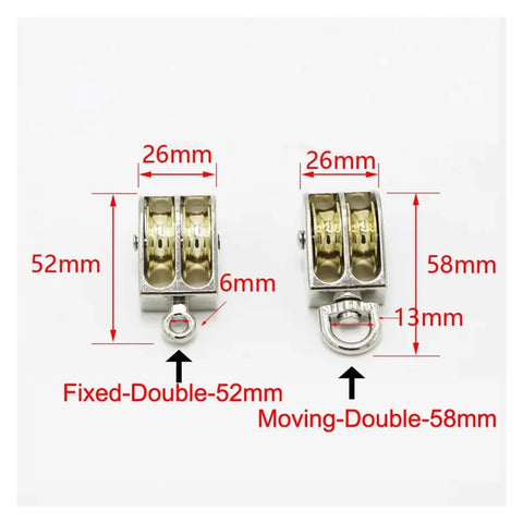 Comparison of Fixed-Double-52mm and 58mm Metal Sheave Zinc Alloy Fixed Pulley Crown Block for lifting, showing dimensions.