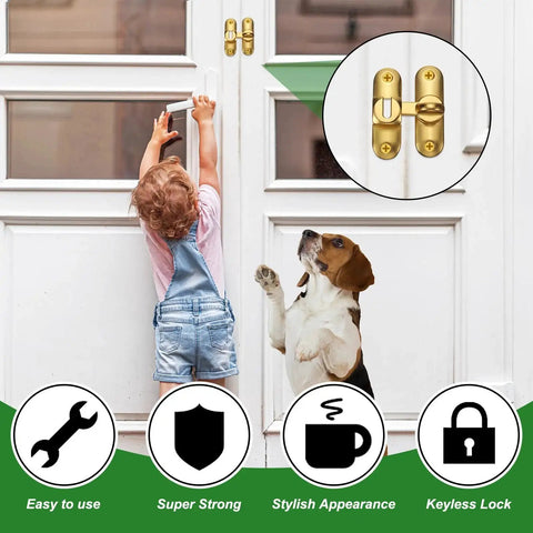 Child and dog near a white door with 4 Pack Zinc Alloy Flip Gate Latch Set, 3 Inch Sliding Barn Door Lock With 90 And 180 Degree Opening