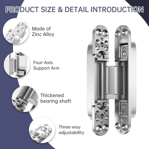 Close-up of 4 Pack 7 Inch Hidden Door Hinges Concealed Zinc Alloy With 180 Degree Swing 3 Way Adjustable Silent Butt Hinge features.