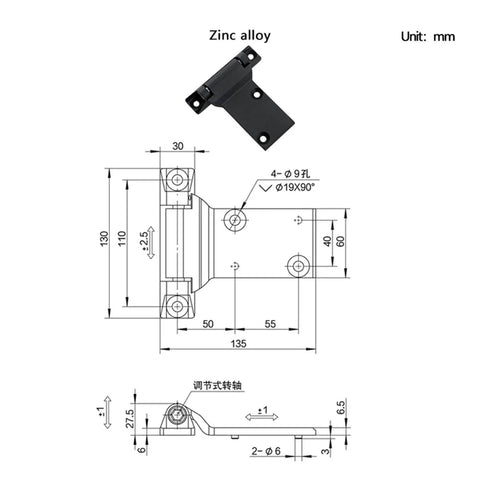 Technical drawing of Heavy Duty Zinc Alloy Hinge for large electrical cabinet doors, zinc alloy construction, dimensions in millimeters.