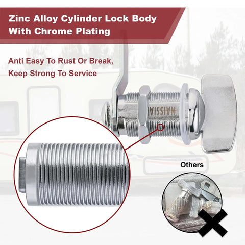 Close-up of a keyless thumb twist cam lock for RVs, boats, and storage compartments, showing zinc alloy body with chrome plating.