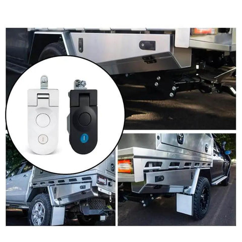 Two-piece zinc alloy compression latches deliver secure flush sealing with easy hand-operated lever, mounted on vehicle panel.