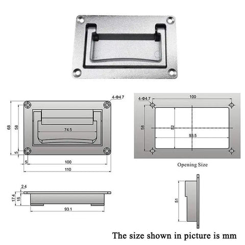 Dimensions and diagram of Zinc Alloy Recessed Pull Handle For Cabinets And Equipment Slim Flush Lift Door Handle 4.37 By 2.74 Inches Sand Chrome Plated Built In Bumper Post Noiseless Folding Design Suitable For Control Equipment Mini Containers And Measurement Devices