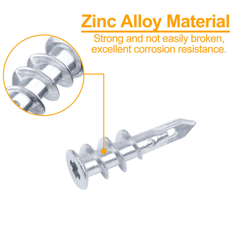 Close-up of a self-drilling zinc drywall anchor from #8 Zinc Self-Drilling Drywall Anchors and Screws Kit, highlighting corrosion resistance.