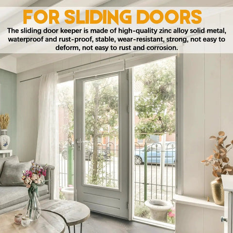 Sliding glass doors with garden view and text promoting high-quality sliding door keeper features.