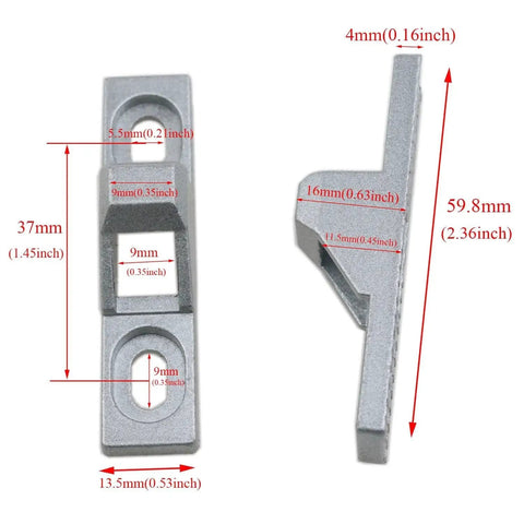 Sliding Door Keepers Glass Lock Latch Replacement Set With Mounting Screws For All Kinds Of Sliding Patio Doors Zinc Alloy Chrome Plated Durable Rustproof Hardware 2 Pack Size 2.36 x 0.55 x 0.63 Inch showing front and side view with measurements
