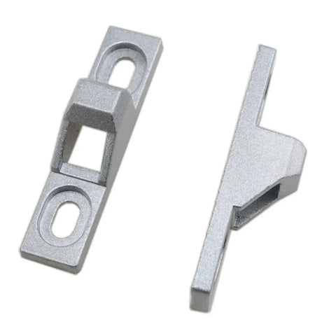 Sliding Door Keepers Glass Lock Latch Replacement Set with Mounting Screws for All Kinds of Sliding Patio Doors Zinc Alloy Chrome Plated Durable Rustproof Hardware 2 Pack Size 2.36 x 0.55 x 0.63 Inch, showing front and side views.
