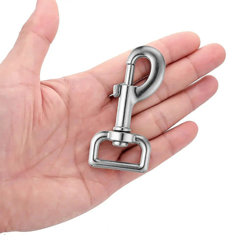 Swivel Eye Bolt Snap Hook in hand, part of a Set Of 4 Heavy Duty Dog Leash Clips, Zinc Alloy Nickel Plated Rust Resistant, 360 Degree Swivel