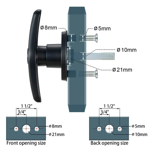 Diagram of durable zinc alloy THandle lock set for truck cap and camper shell with sizes and screw dimensions shown