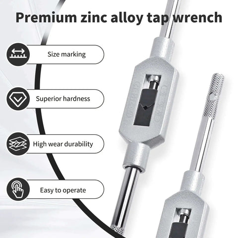 Adjustable Tap Wrench Handle For M1-M12 And W1/16-1/2 Reamers, zinc alloy build, size marking, superior hardness, side view.