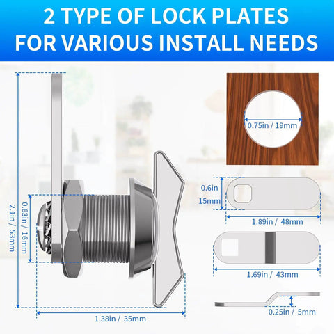 Diagram showing installation dimensions of Five 5/8 inch thumb-operated offset cam locks for RV compartments and cabinets.