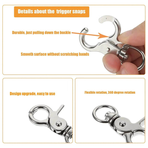 Close-up of 10 Pack Trigger Snap Hooks 2.32 Inches By 0.82 Inches Heavy Duty Swivel Metal Clasps with smooth zinc alloy finish and large opening