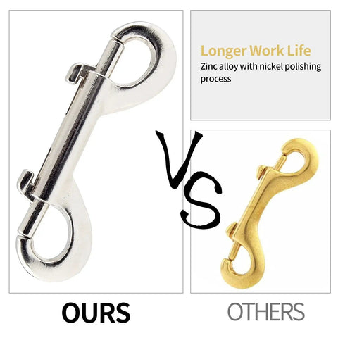 Comparison of Six Pack 2.7 Inch Double Ended Bolt Snap Hooks Zinc Alloy Chain Clips vs alternative, showing silver and gold finishes