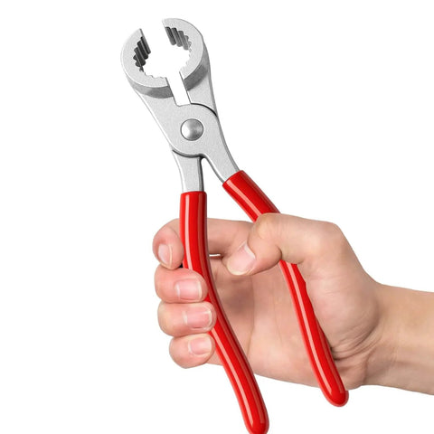 Hand holding THP-1 Washer Hose Pliers Zinc Alloy Hose Clamp Tool For Washing Machine Inlet And Outlet Hoses With Red Handle Replacement Part 20001120