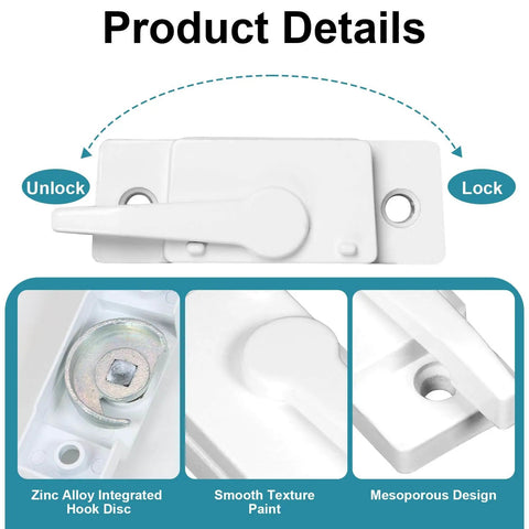 Premium Zinc Alloy Window Sash Locks 2 Pack Latch Replacement For Double Hung Vertical And Horizontal Sliding Vinyl Windows White Cam Design For Enhanced Security And Durable Weather Humidity Resistant Hardware, showing close-up of white cam with smooth texture paint and zinc alloy disc.
