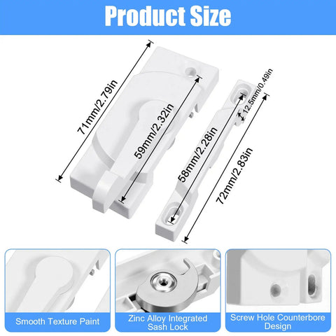 Zinc Alloy Window Sash Lock Replacement Kit size dimensions with smooth finish, horizontal cam action latch, and counterbore design.