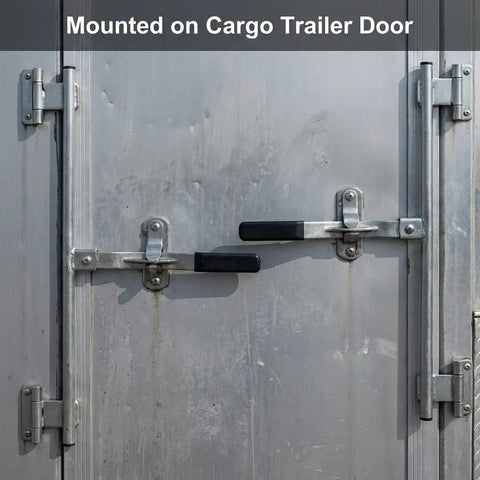 Durable 36 Inch Zinc Plated Cam Bar Latch for Trailers installed on cargo trailer door with rubber grip handle