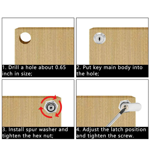 Installation process of six durable zinc alloy cam locks with 3/4 inch threads on a wooden cabinet for secure enclosure