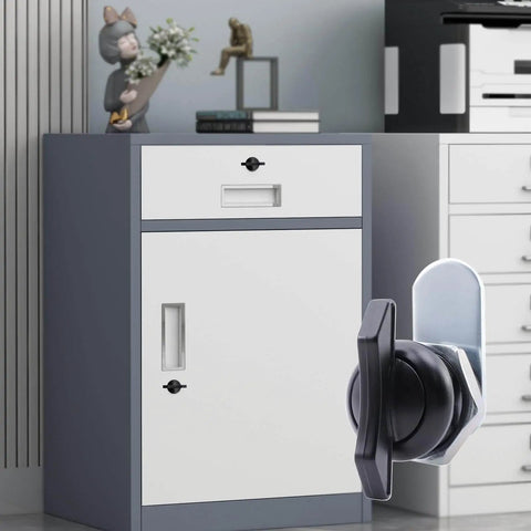 Two high quality zinc alloy thumb operated offset cam locks with T handle deliver secure quick access for cabinets and drawers.