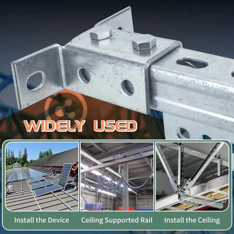 20 pack channel nut and bolt set delivers fast, secure strut mounting with zinc-plated components shown in various installations.