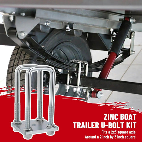 Heavy-duty 1/2 inch U bolts, 6 5/16 inch long, designed for 2x3 boat trailer axles and leaf springs; zinc-coated for corrosion resistance.